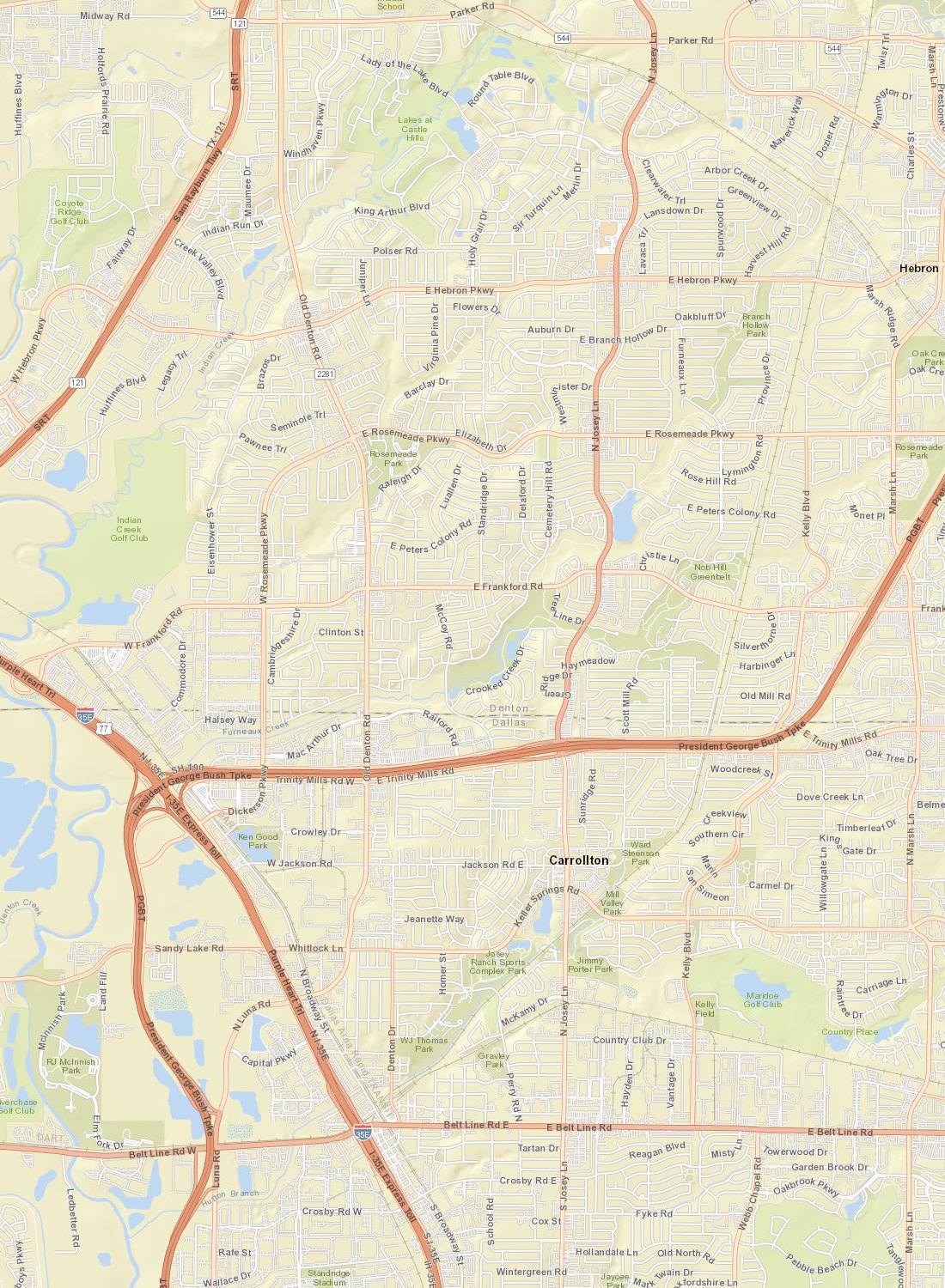 Street map of Carrollton with numbered pins for each neighborhood we serve