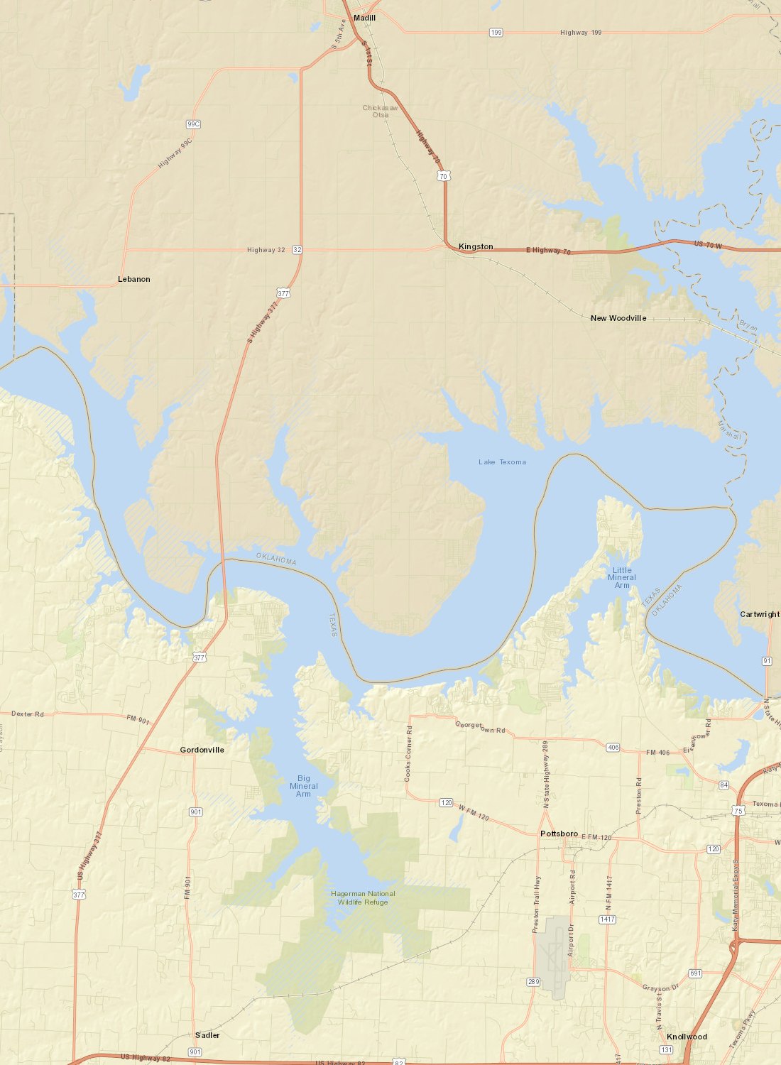 Street map of Lake Texoma with numbered pins for each neighborhood we serve