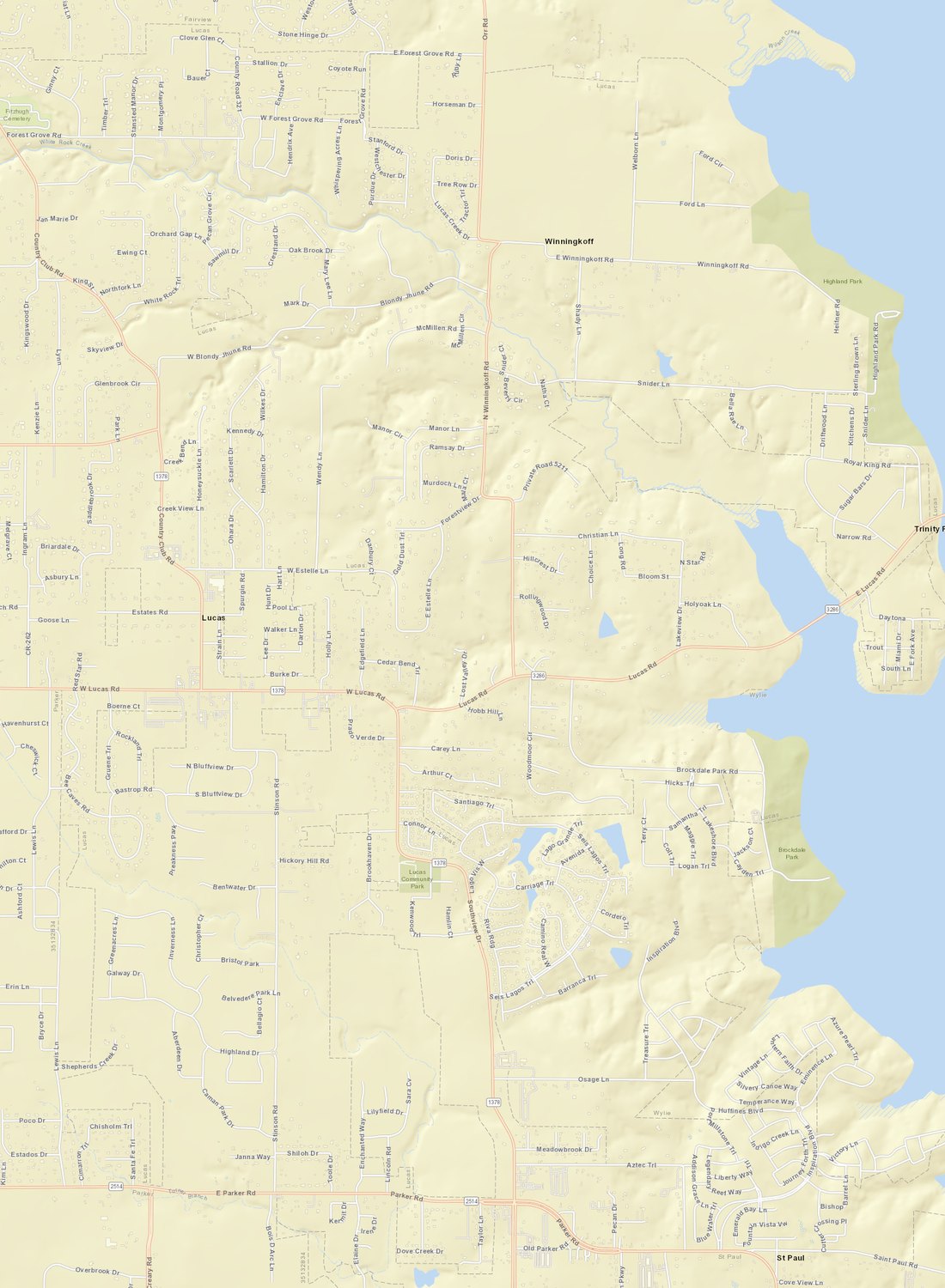 Street map of Lucas with numbered pins for each neighborhood we serve