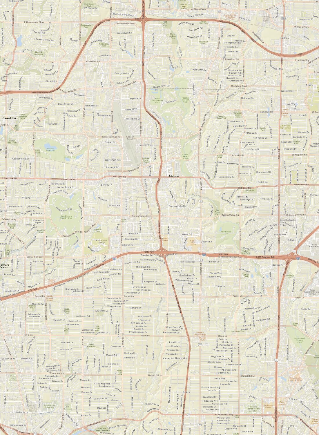 Street map of North Dallas with numbered pins for each neighborhood we serve