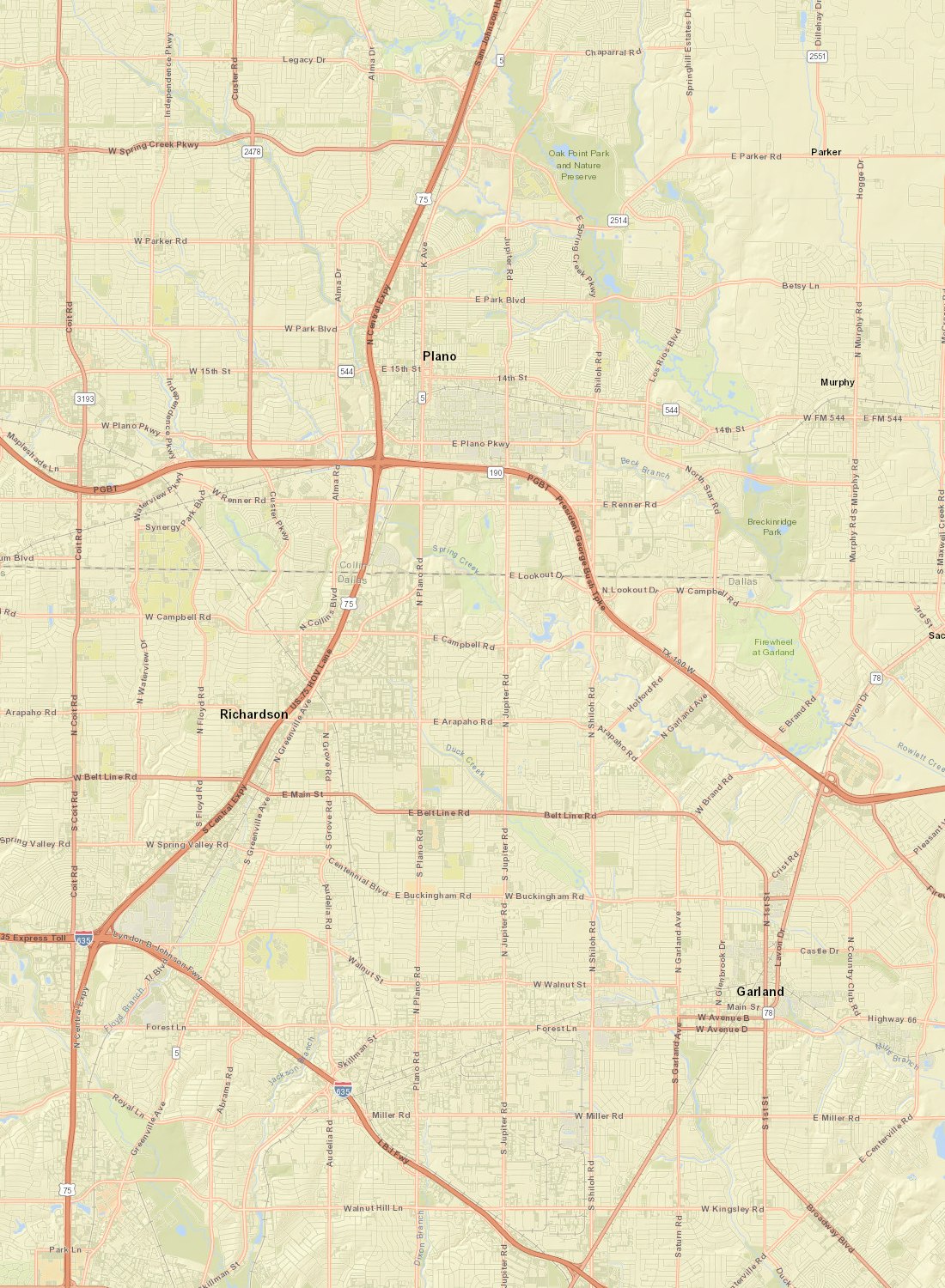 Street map of Richardson with numbered pins for each neighborhood we serve